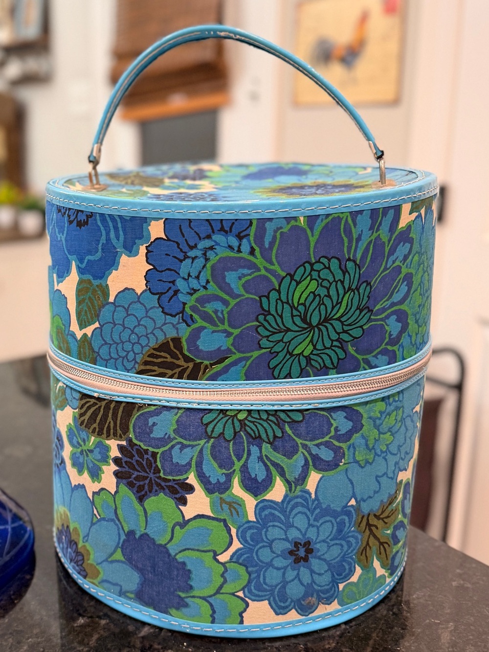 Vintage 60s Flower Power Floral Wig Travel Case Mod Blue Hat Box Storage